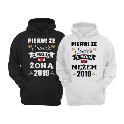 Bluzy dla par zakochanych z kapturem świąteczne na święta komplet 2 sztuki Pierwsze święta żoną / mężem + rok